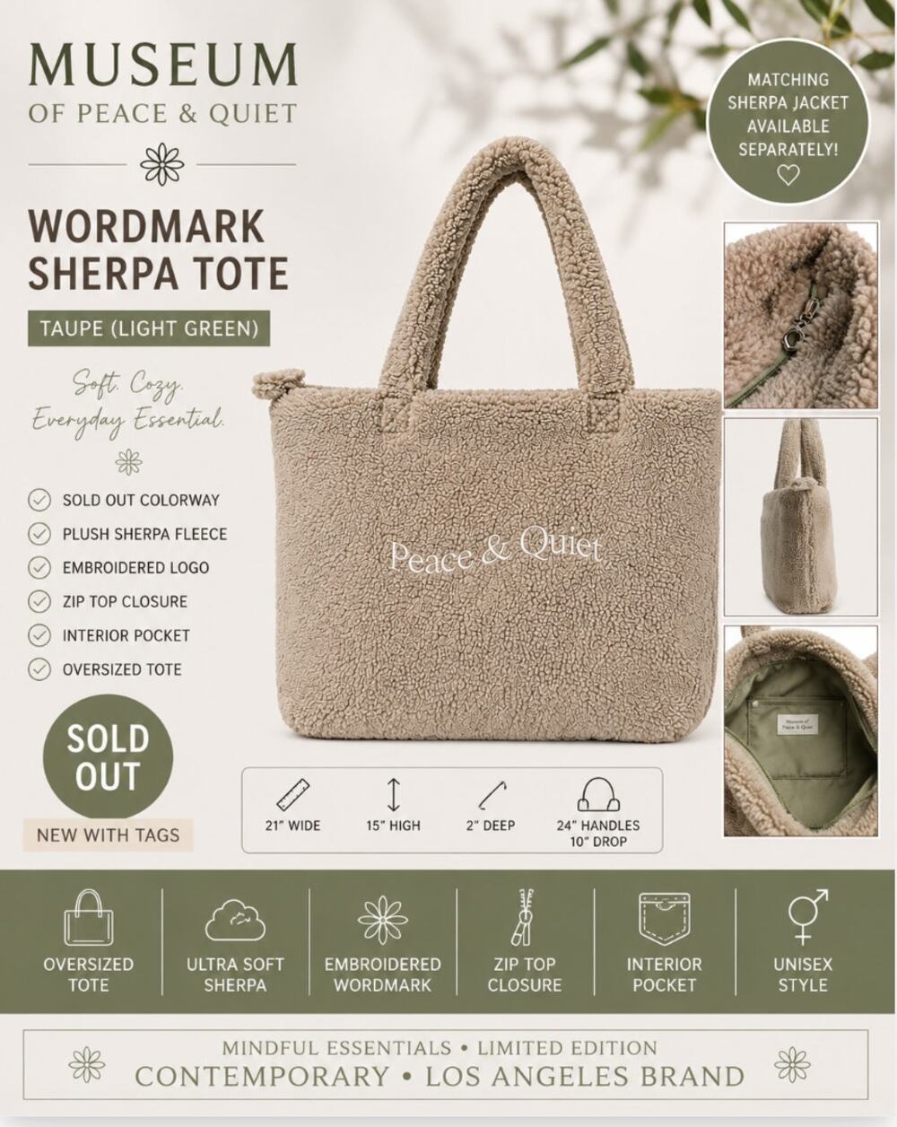 Museum of Peace & Quiet Wordmark Sherpa Tote Taupe NWT Sold Out Embroidered